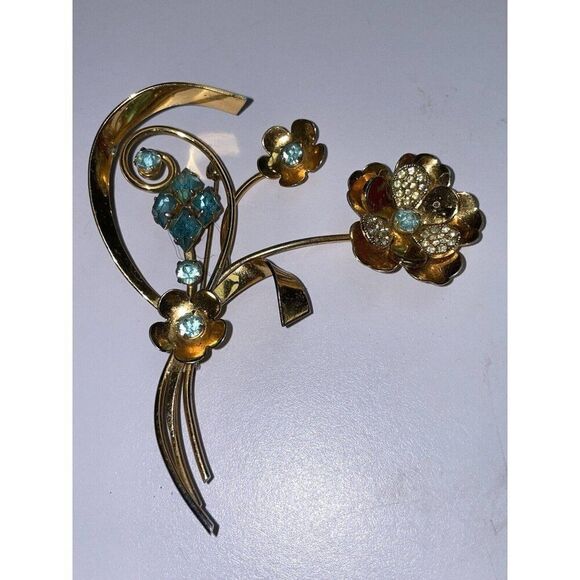 Vtg Sterling Silver Gold Wash Aqua Rhinestone Flower Bouquet Pin Brooch Retro